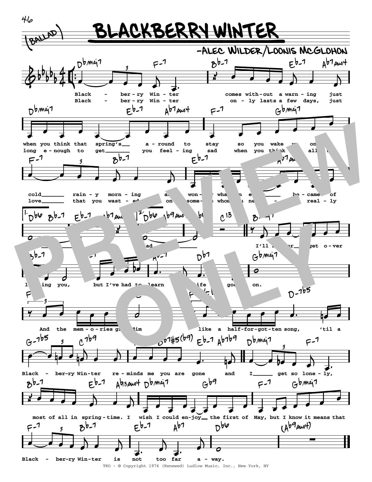 Alec Wilder Blackberry Winter (Low Voice) Sheet Music Notes & Chords for Real Book – Melody, Lyrics & Chords - Download or Print PDF