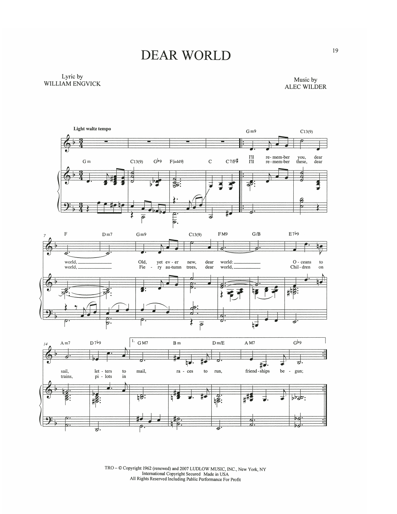 Alec Wilder Dear World Sheet Music Notes & Chords for Piano, Vocal & Guitar Chords (Right-Hand Melody) - Download or Print PDF