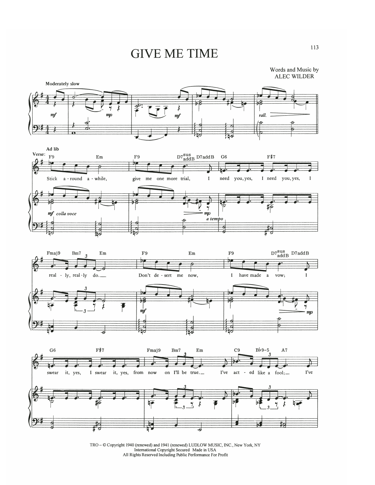 Alec Wilder Give Me Time Sheet Music Notes & Chords for Piano, Vocal & Guitar Chords (Right-Hand Melody) - Download or Print PDF