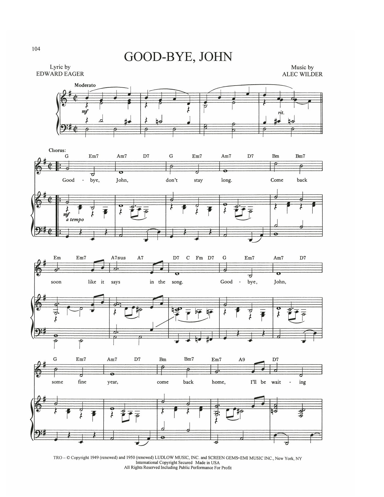 Alec Wilder Good-Bye, John Sheet Music Notes & Chords for Piano, Vocal & Guitar Chords (Right-Hand Melody) - Download or Print PDF