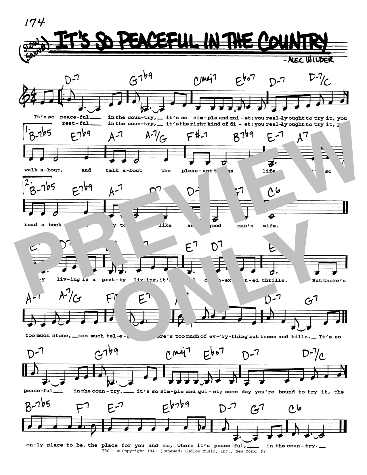 Alec Wilder It's So Peaceful In The Country (Low Voice) Sheet Music Notes & Chords for Real Book – Melody, Lyrics & Chords - Download or Print PDF