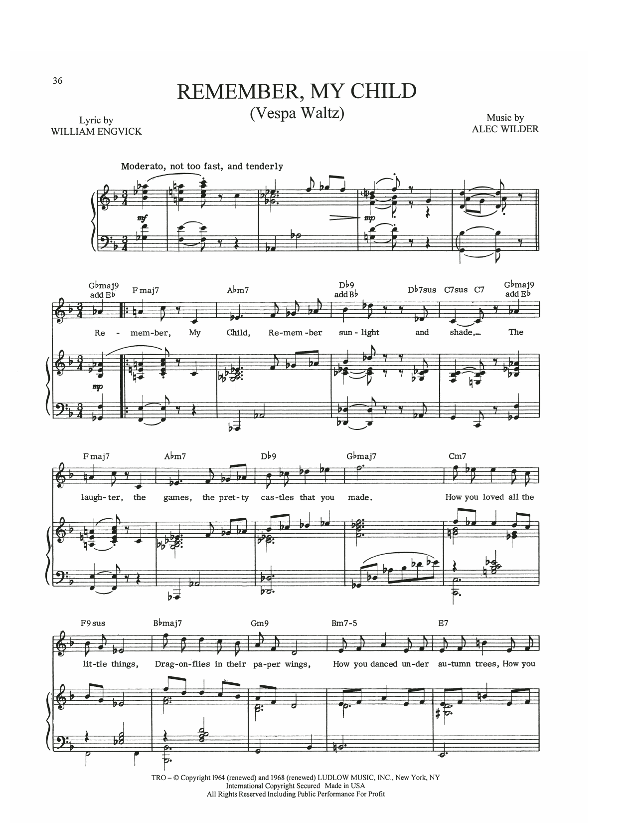 Alec Wilder Remember, My Child (Vespa Waltz) Sheet Music Notes & Chords for Piano, Vocal & Guitar Chords (Right-Hand Melody) - Download or Print PDF