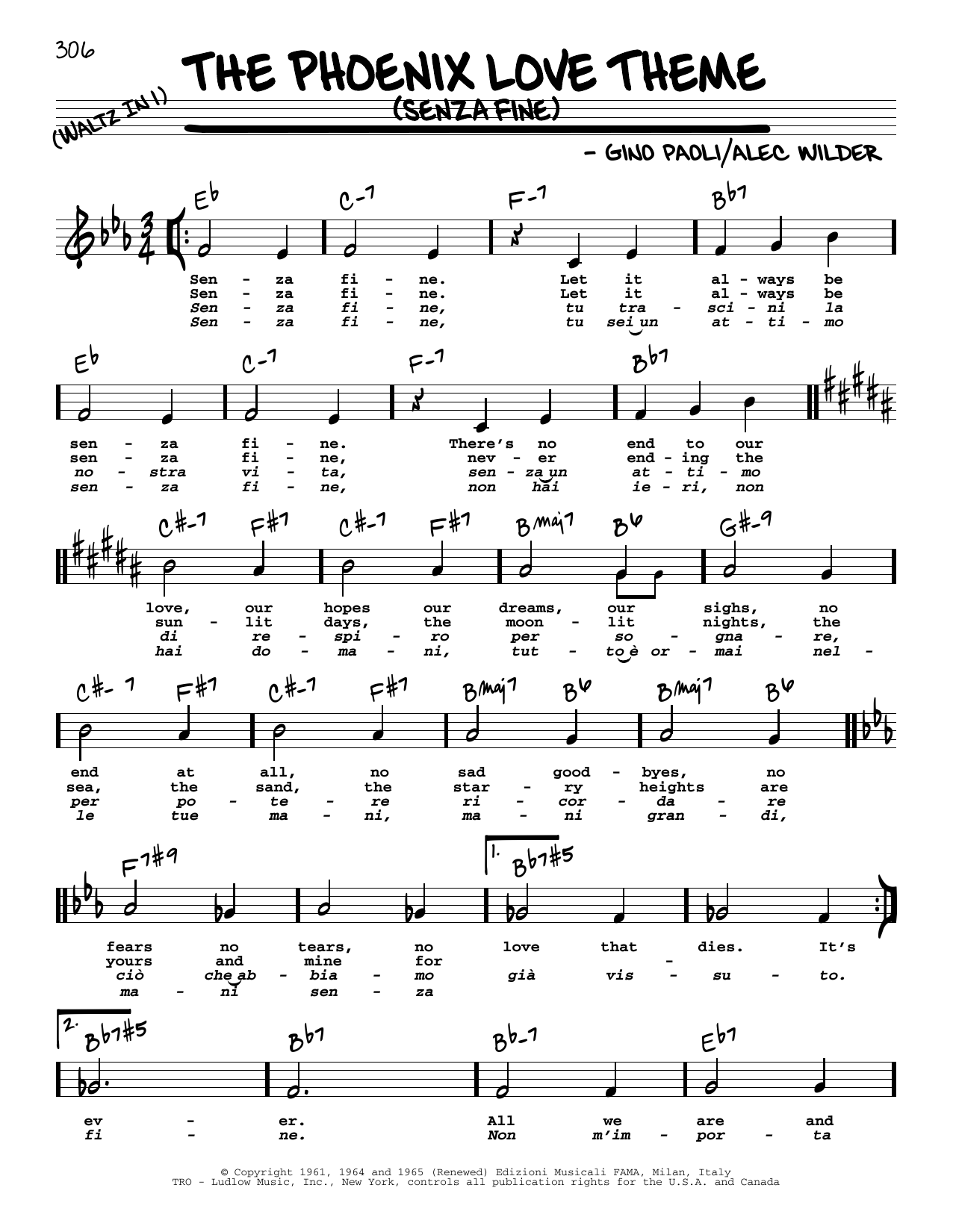 Alec Wilder The Phoenix Love Theme (Senza Fine) (High Voice) Sheet Music Notes & Chords for Real Book – Melody, Lyrics & Chords - Download or Print PDF