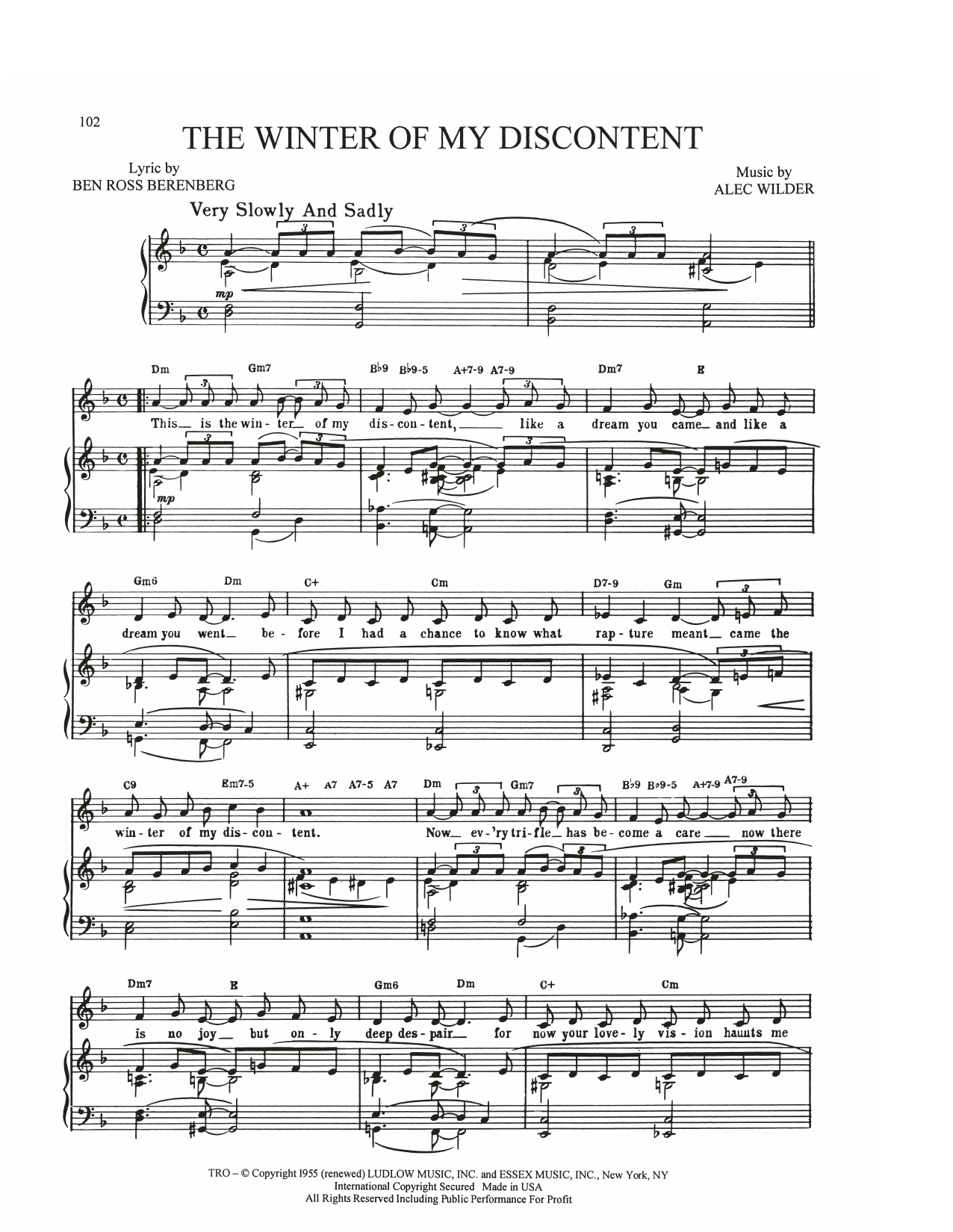 Alec Wilder The Winter Of My Discontent Sheet Music Notes & Chords for Piano, Vocal & Guitar Chords (Right-Hand Melody) - Download or Print PDF