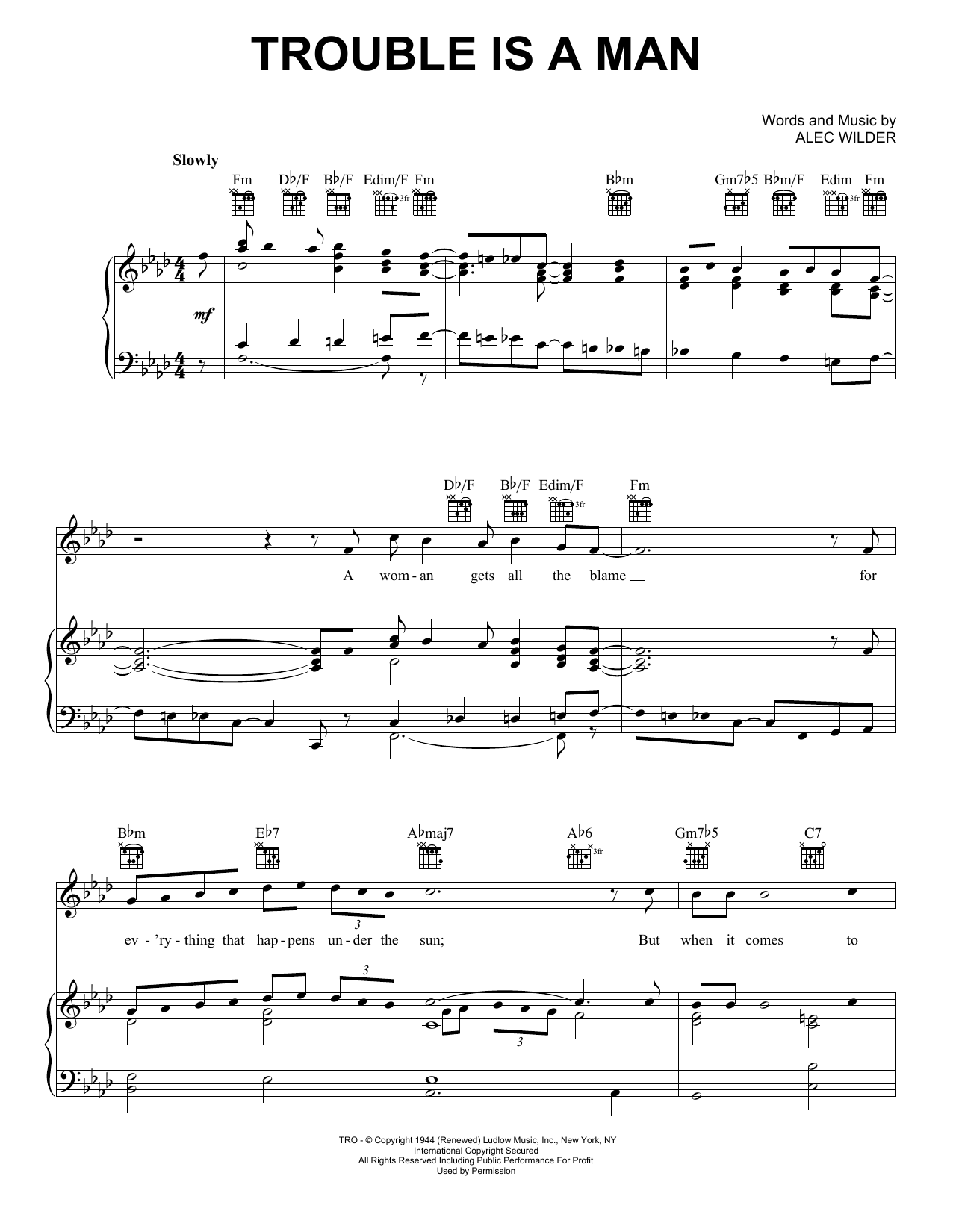 Alec Wilder Trouble Is A Man Sheet Music Notes & Chords for Piano, Vocal & Guitar (Right-Hand Melody) - Download or Print PDF