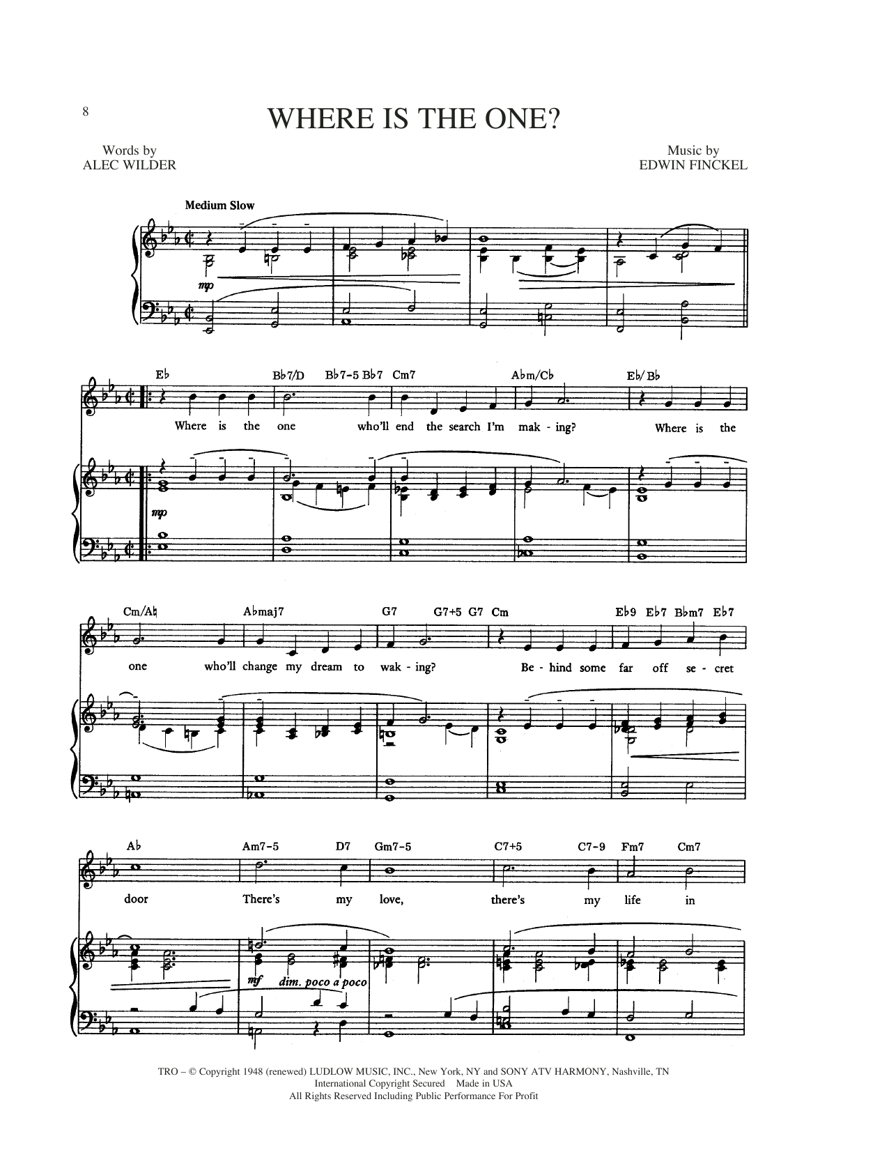 Alec Wilder Where Is The One Sheet Music Notes & Chords for Piano, Vocal & Guitar Chords (Right-Hand Melody) - Download or Print PDF
