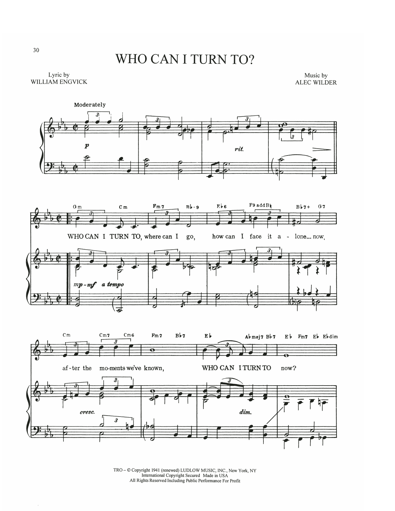 Alec Wilder Who Can I Turn To? Sheet Music Notes & Chords for Piano, Vocal & Guitar Chords (Right-Hand Melody) - Download or Print PDF