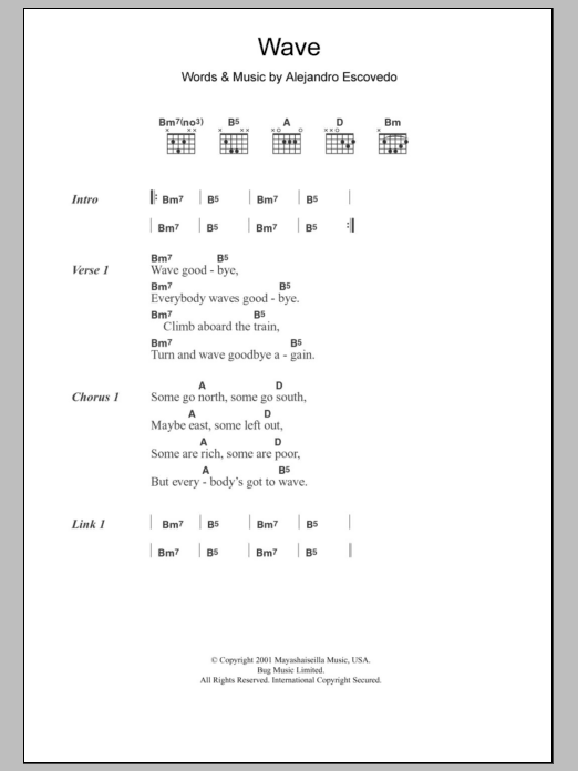 Alejandro Escovedo Wave Sheet Music Notes & Chords for Lyrics & Chords - Download or Print PDF