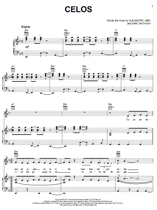 Alejandro Jaen Celos Sheet Music Notes & Chords for Piano, Vocal & Guitar (Right-Hand Melody) - Download or Print PDF