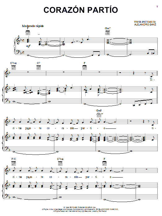 Alejandro Sanz Corazon Partio Sheet Music Notes & Chords for Piano, Vocal & Guitar (Right-Hand Melody) - Download or Print PDF