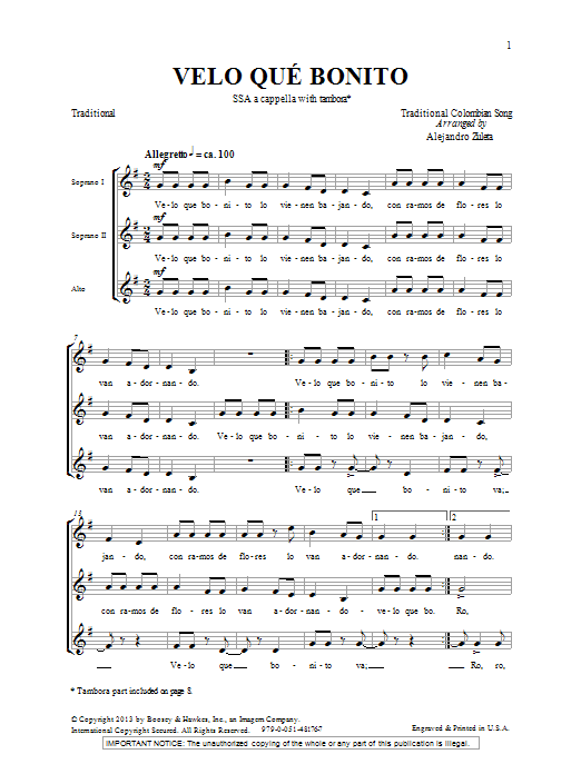 Alejandro Zuleta Velo Que Bonito Sheet Music Notes & Chords for SSA - Download or Print PDF