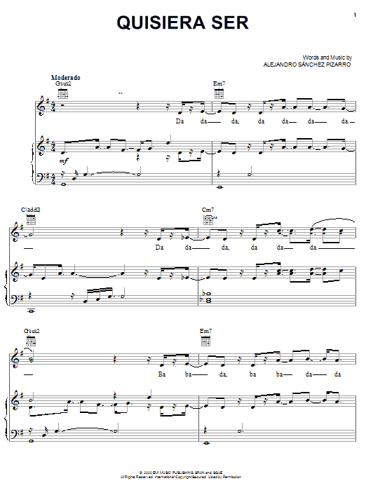 Preview Alejandro Sanchez Pizarro Quisiera Ser Pop sheet music, notes and chords for Piano, Vocal & Guitar (Right-Hand Melody), SKU: 25664 Quisiera Ser sheet music