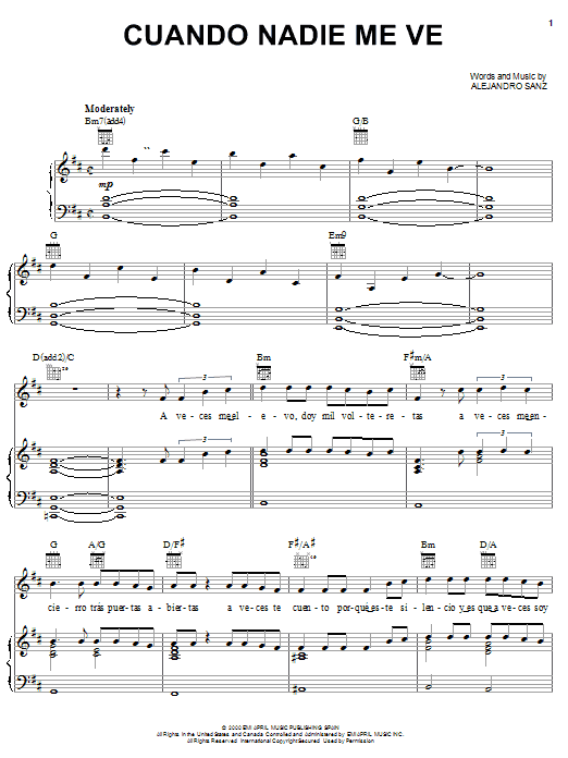 Preview Alejandro Sanz Cuando Nadie Me Ve World sheet music, notes and chords for Piano, Vocal & Guitar (Right-Hand Melody), SKU: 23114 Cuando Nadie Me Ve sheet music