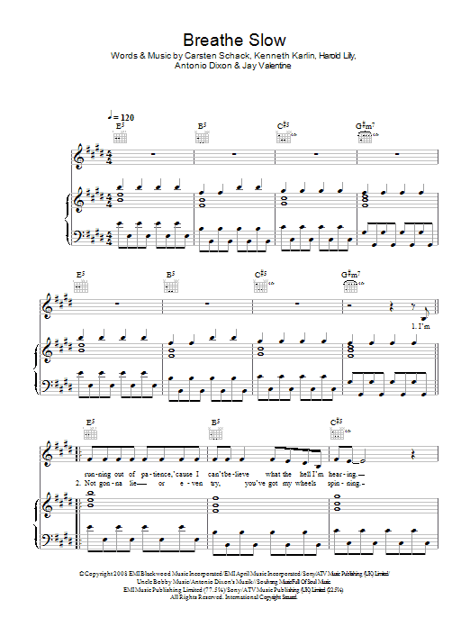 Alesha Dixon Breathe Slow Sheet Music Notes & Chords for Piano, Vocal & Guitar - Download or Print PDF Alesha Dixon Breathe Slow Sheet Music Notes & Chords for Piano, Vocal & Guitar - Download or Print PDF