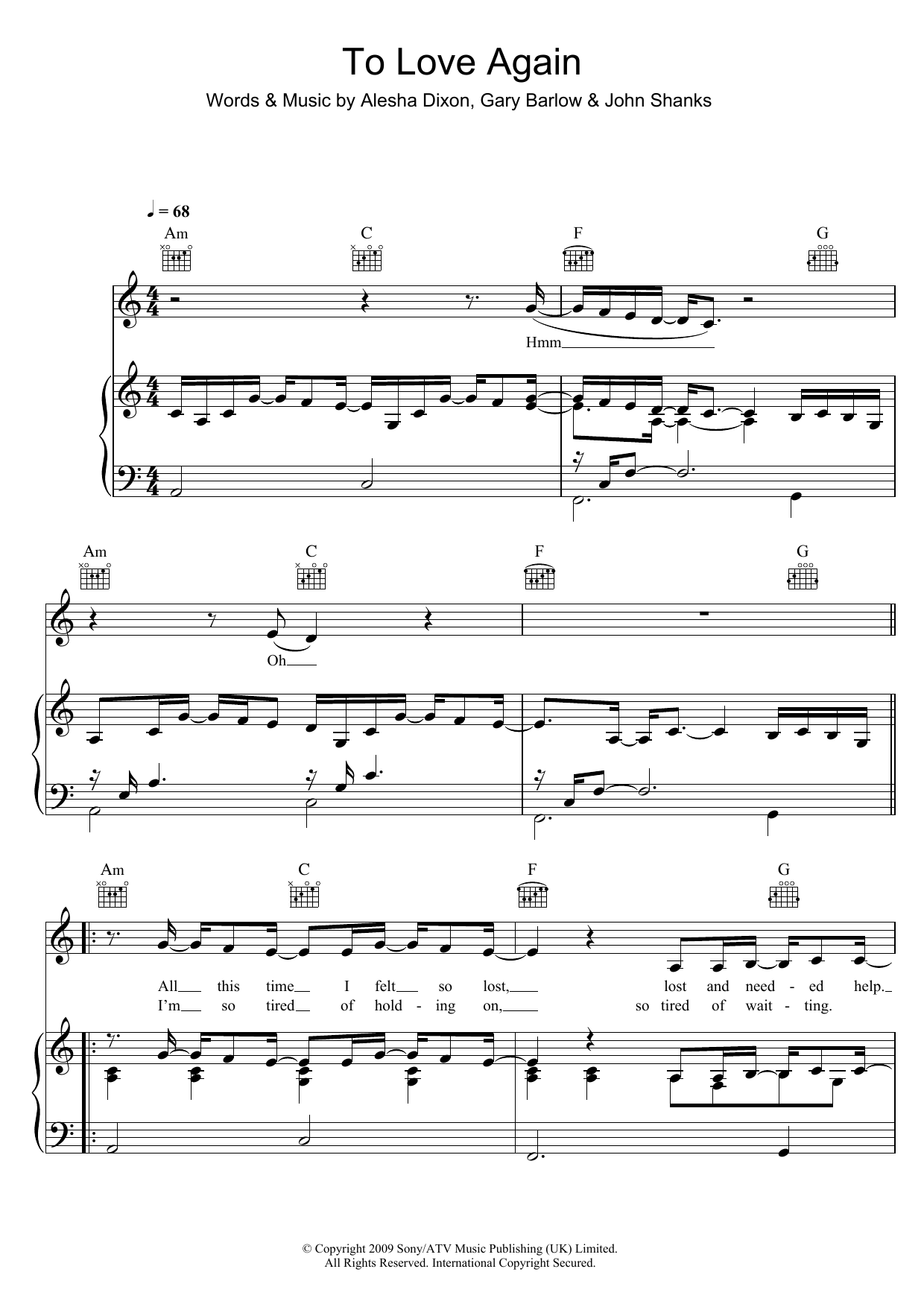 Alesha Dixon To Love Again Sheet Music Notes & Chords for Piano, Vocal & Guitar (Right-Hand Melody) - Download or Print PDF