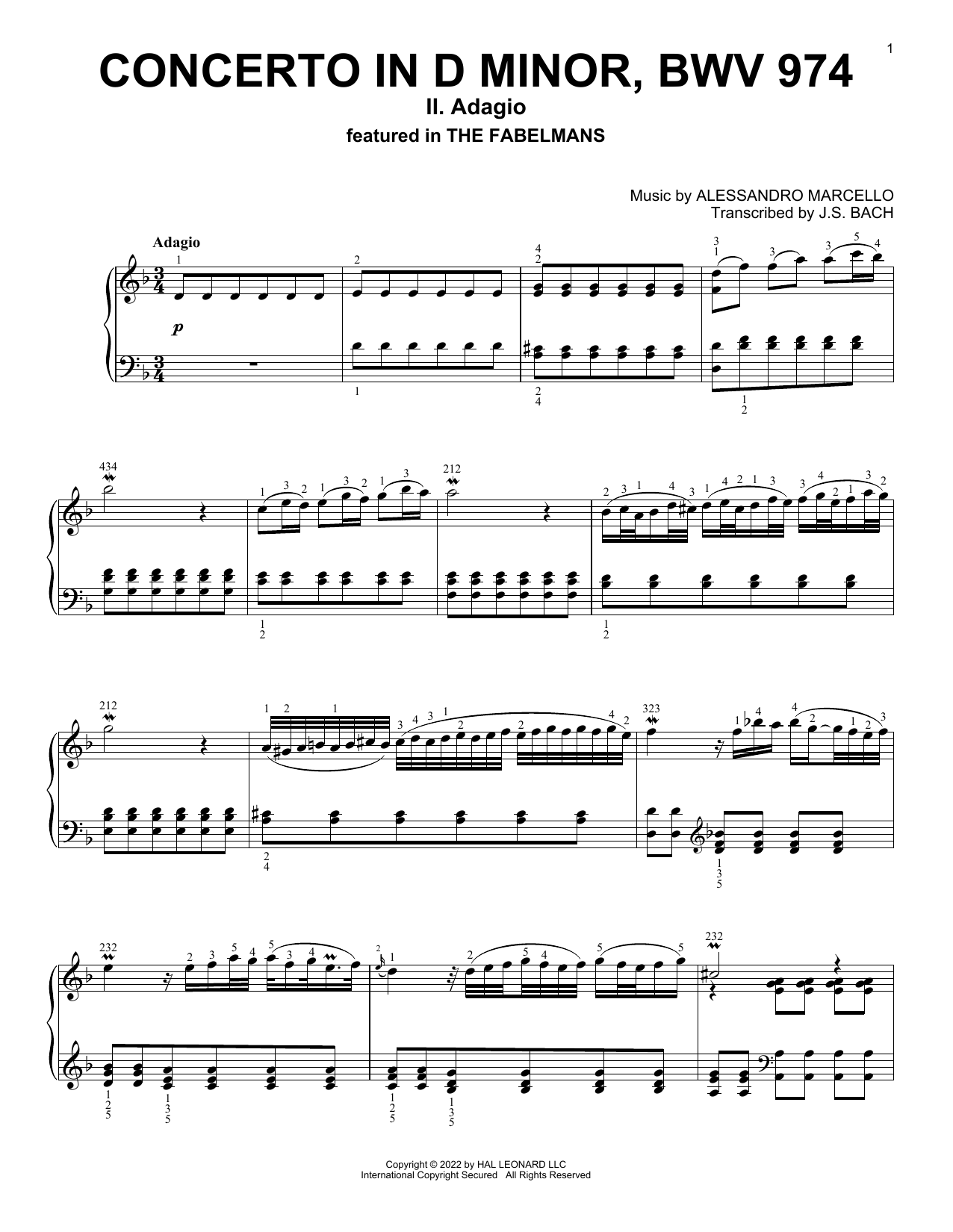 Alessandro Marcello Concerto In D Minor, BWV 974 (II: Adagio) Sheet Music Notes & Chords for Piano Solo - Download or Print PDF
