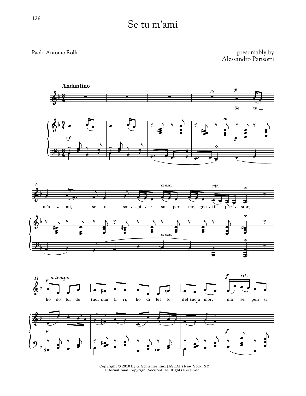 Alessandro Parisotti Se Tu M'ami (Low Voice) Sheet Music Notes & Chords for Piano & Vocal - Download or Print PDF