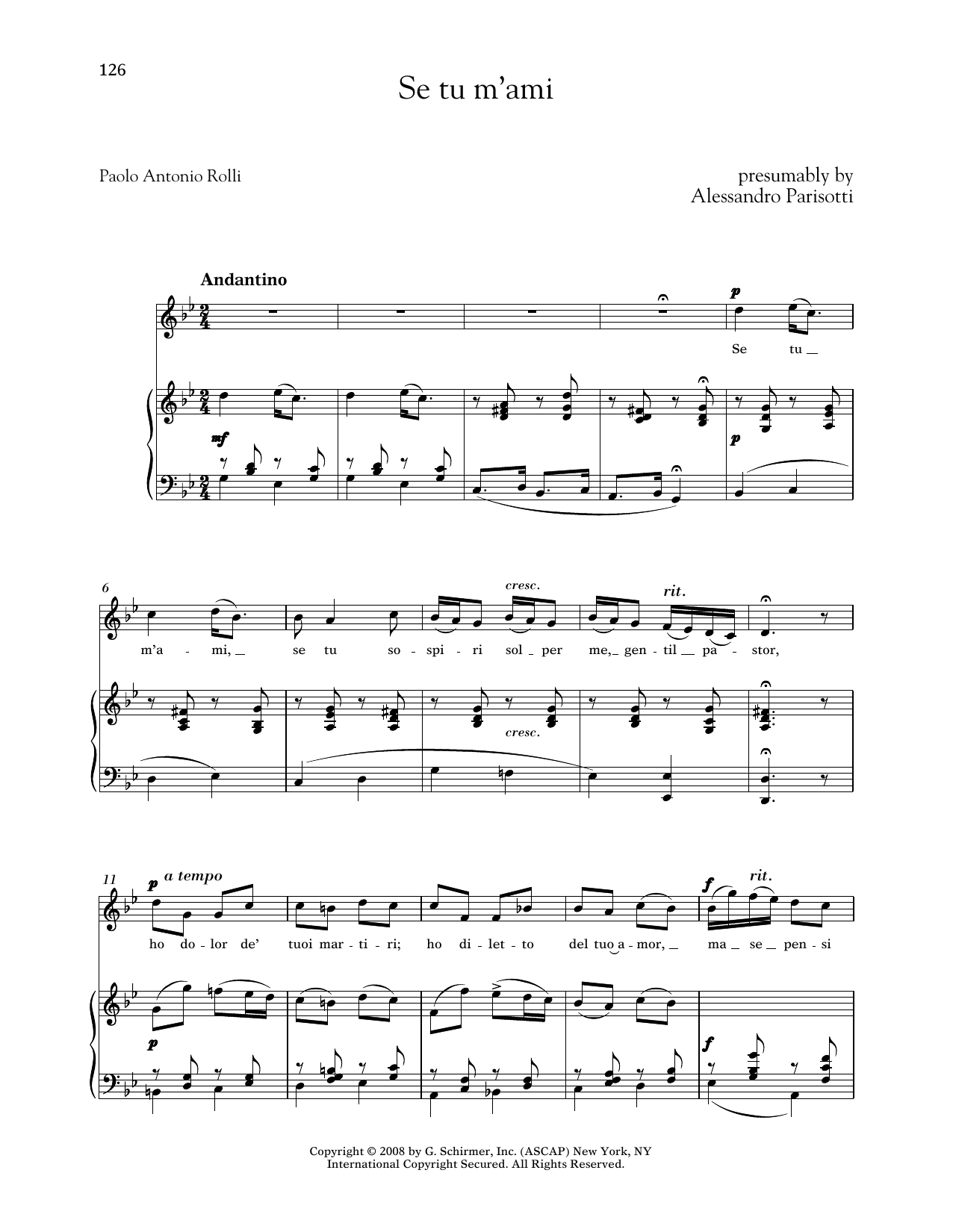 Alessandro Parisotti Se Tu M'ami (Medium High Voice) Sheet Music Notes & Chords for Piano & Vocal - Download or Print PDF