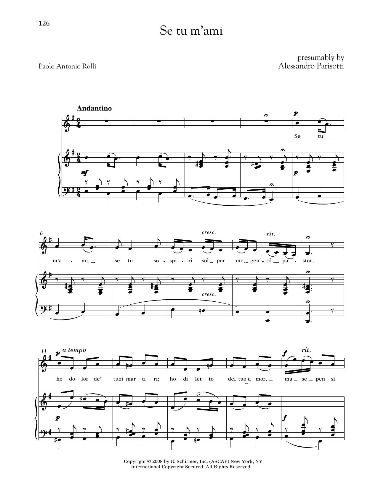 Alessandro Parisotti Se Tu M'ami (Medium Low Voice) Sheet Music Notes & Chords for Piano & Vocal - Download or Print PDF