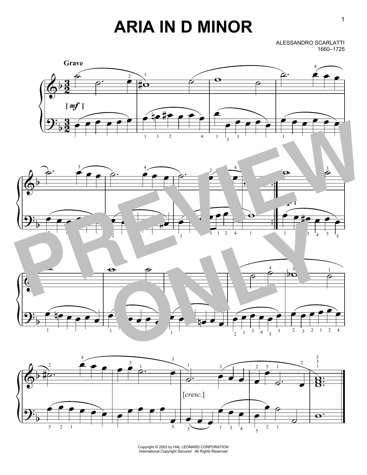 Alessandro Scarlatti Aria Sheet Music Notes & Chords for Piano Solo - Download or Print PDF