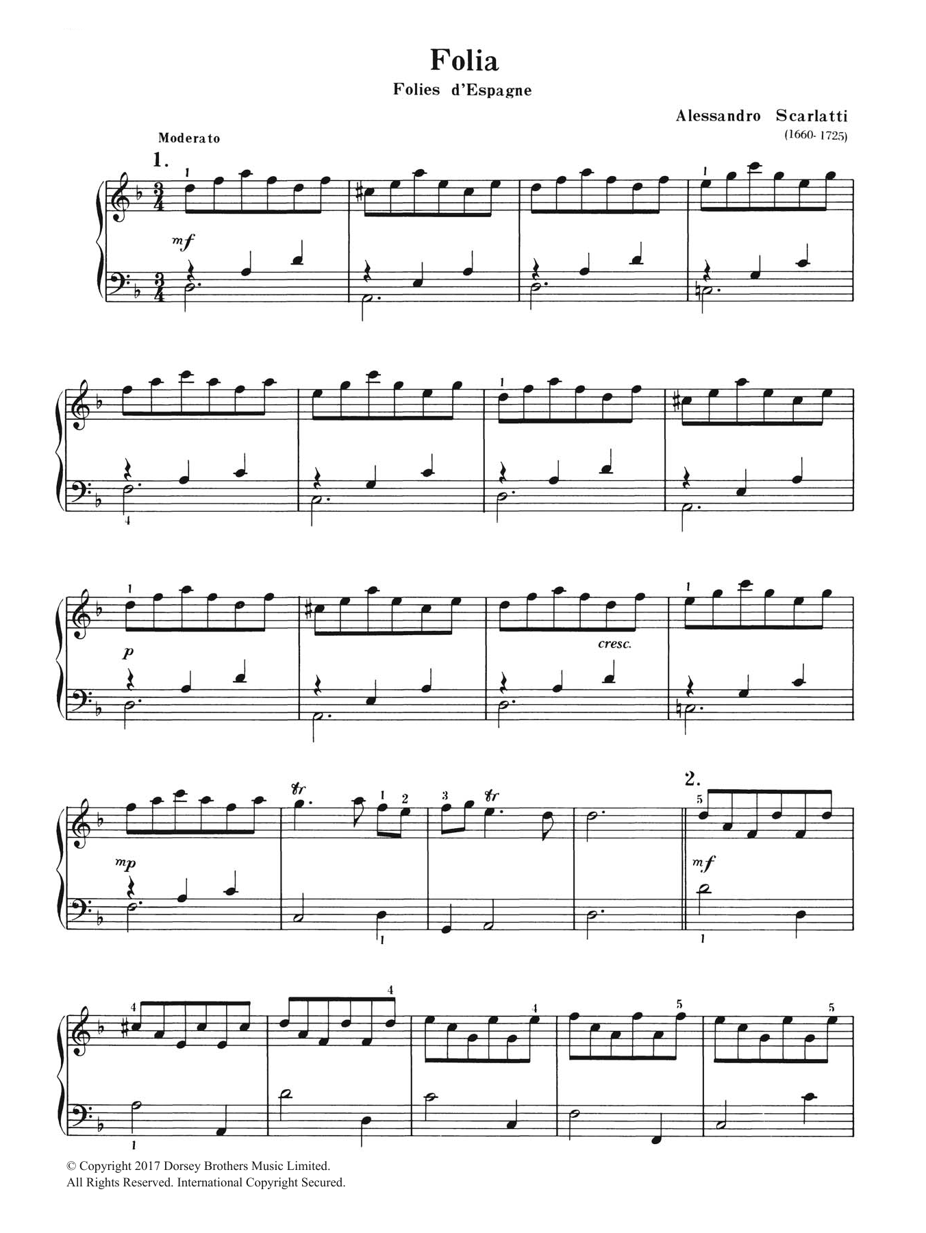Alessandro Scarlatti Folia Sheet Music Notes & Chords for Piano - Download or Print PDF