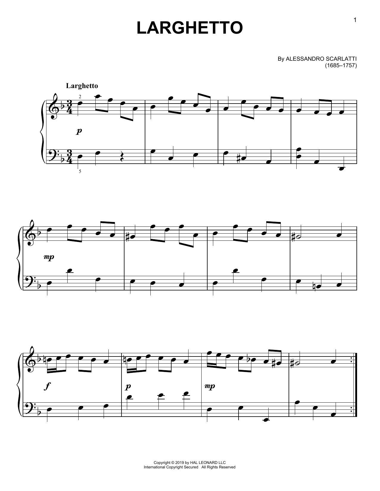 Alessandro Scarlatti Larghetto Sheet Music Notes & Chords for Easy Piano - Download or Print PDF
