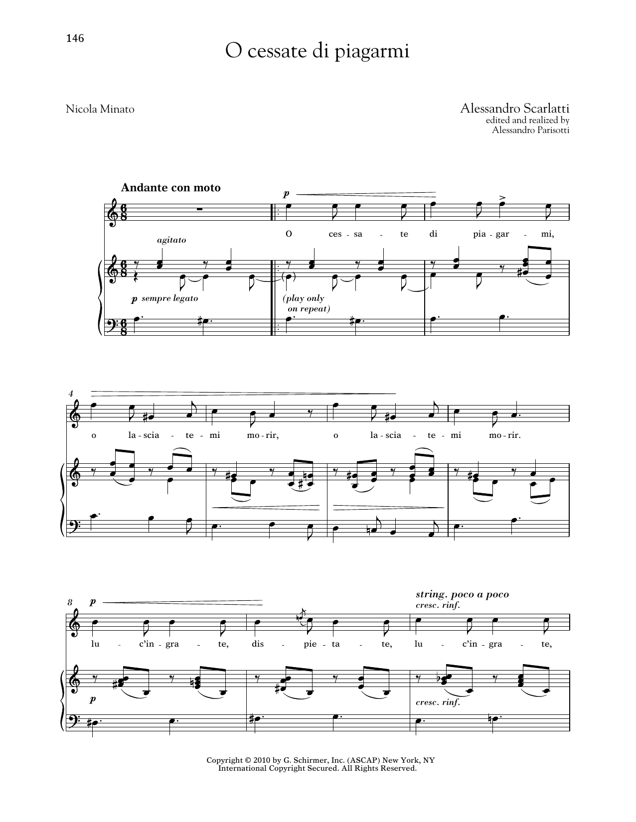 Alessandro Scarlatti O Cessate Di Piagarmi (High Voice) Sheet Music Notes & Chords for Piano & Vocal - Download or Print PDF