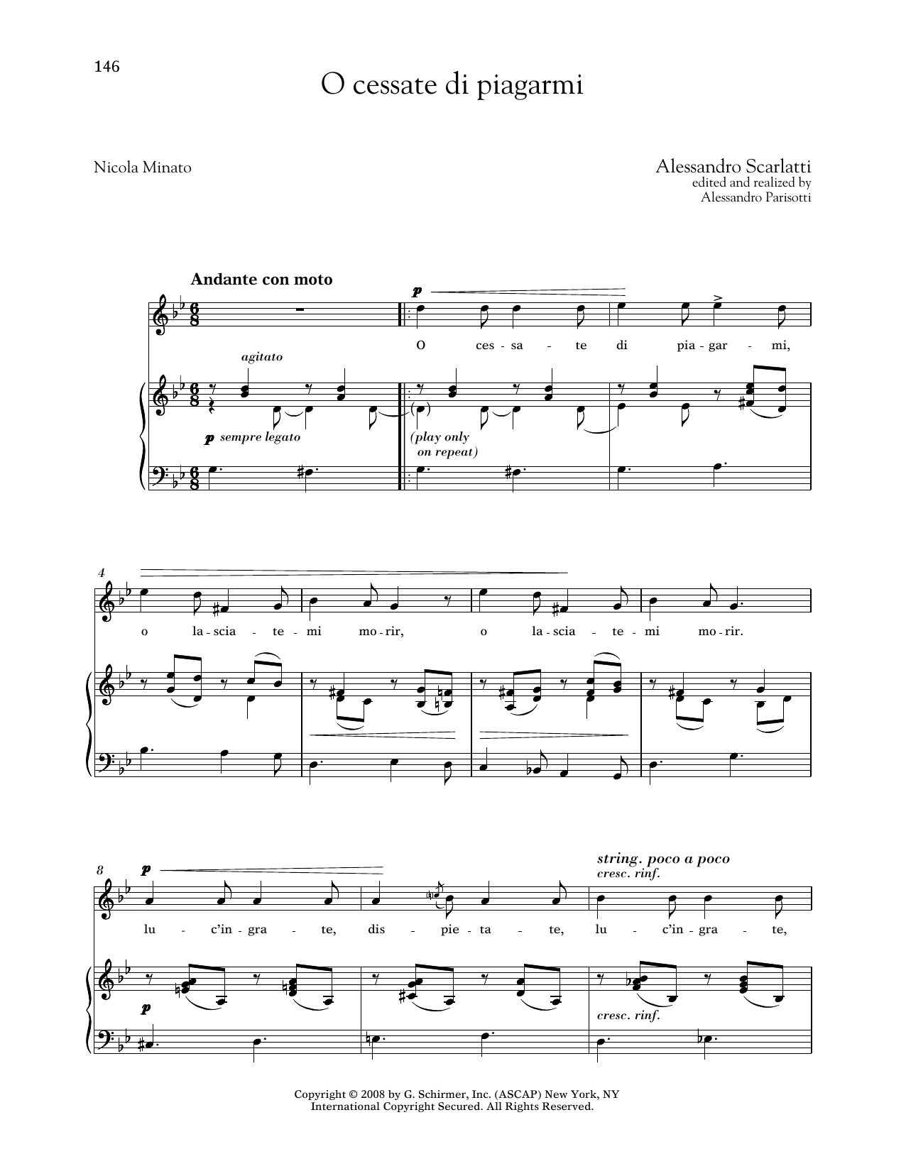 Alessandro Scarlatti O Cessate Di Piagarmi (Medium High Voice) Sheet Music Notes & Chords for Piano & Vocal - Download or Print PDF