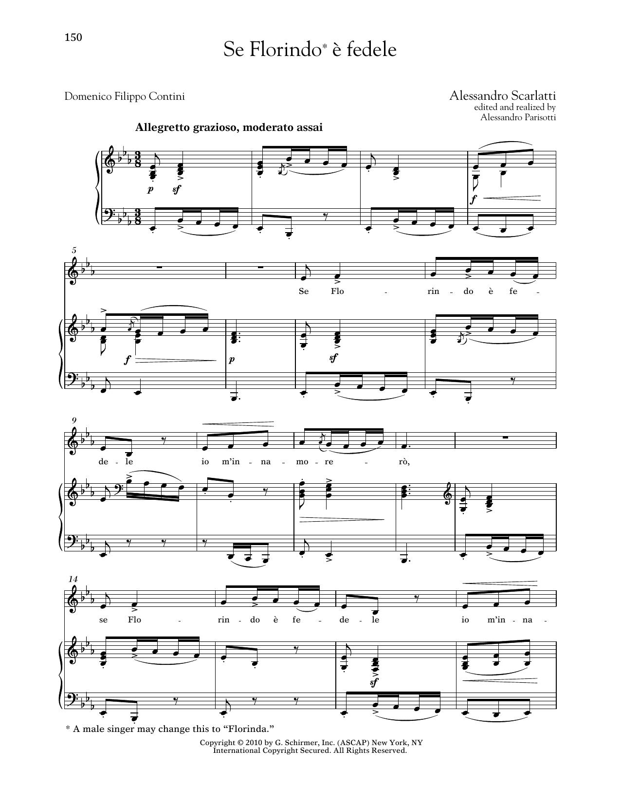 Alessandro Scarlatti Se Florindo E Fedele (Low Voice) Sheet Music Notes & Chords for Piano & Vocal - Download or Print PDF