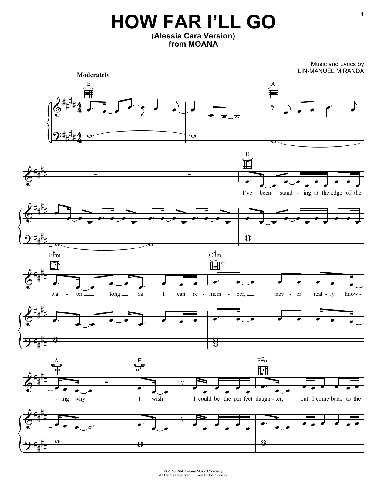 Alessia Cara How Far I'll Go (from Moana) Sheet Music Notes & Chords for Piano, Vocal & Guitar (Right-Hand Melody) - Download or Print PDF