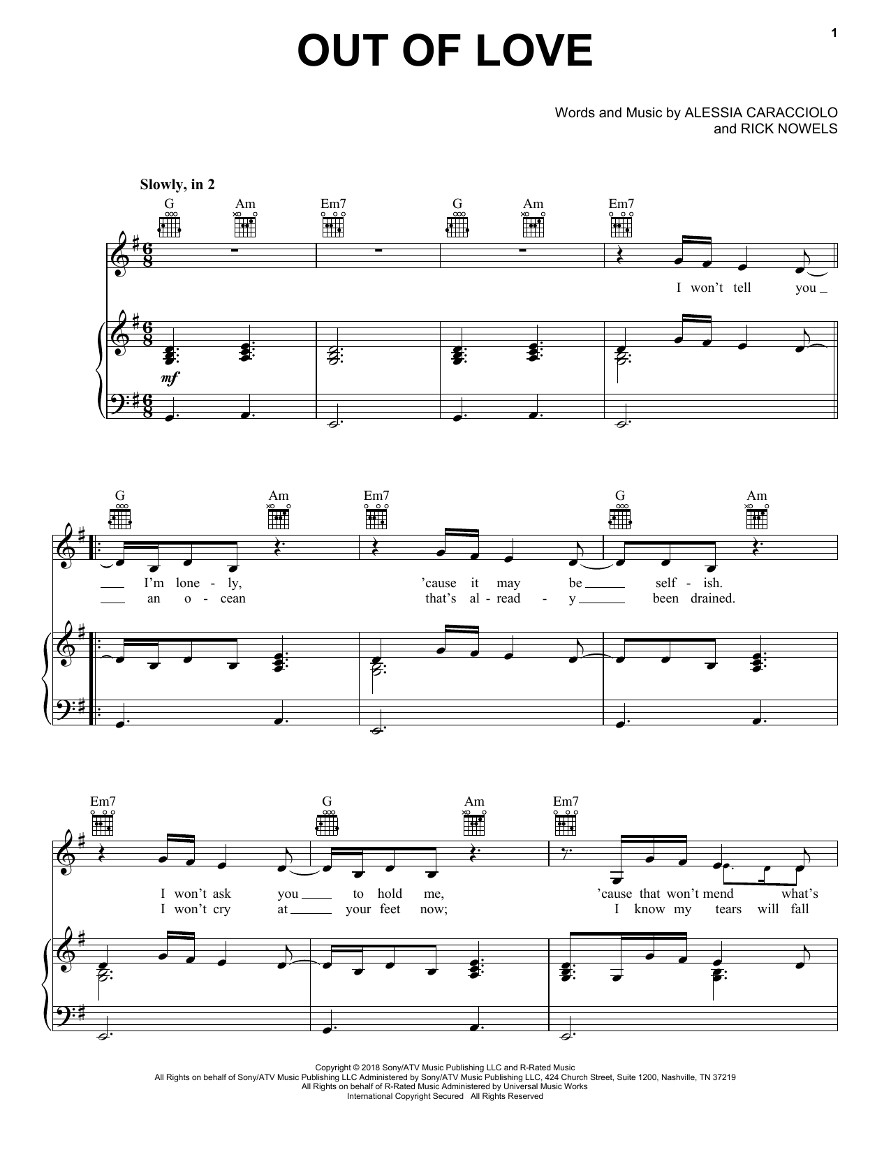 Alessia Cara Out Of Love Sheet Music Notes & Chords for Piano, Vocal & Guitar (Right-Hand Melody) - Download or Print PDF