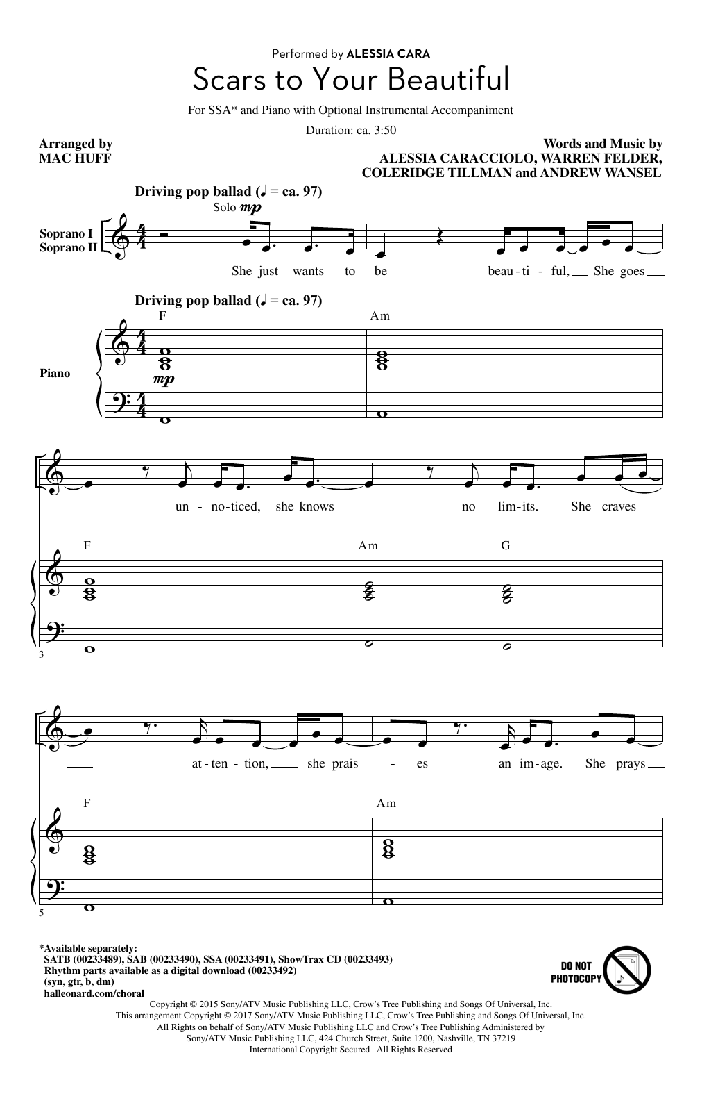Alessia Cara Scars To Your Beautiful (arr. Mac Huff) Sheet Music Notes & Chords for SSA - Download or Print PDF