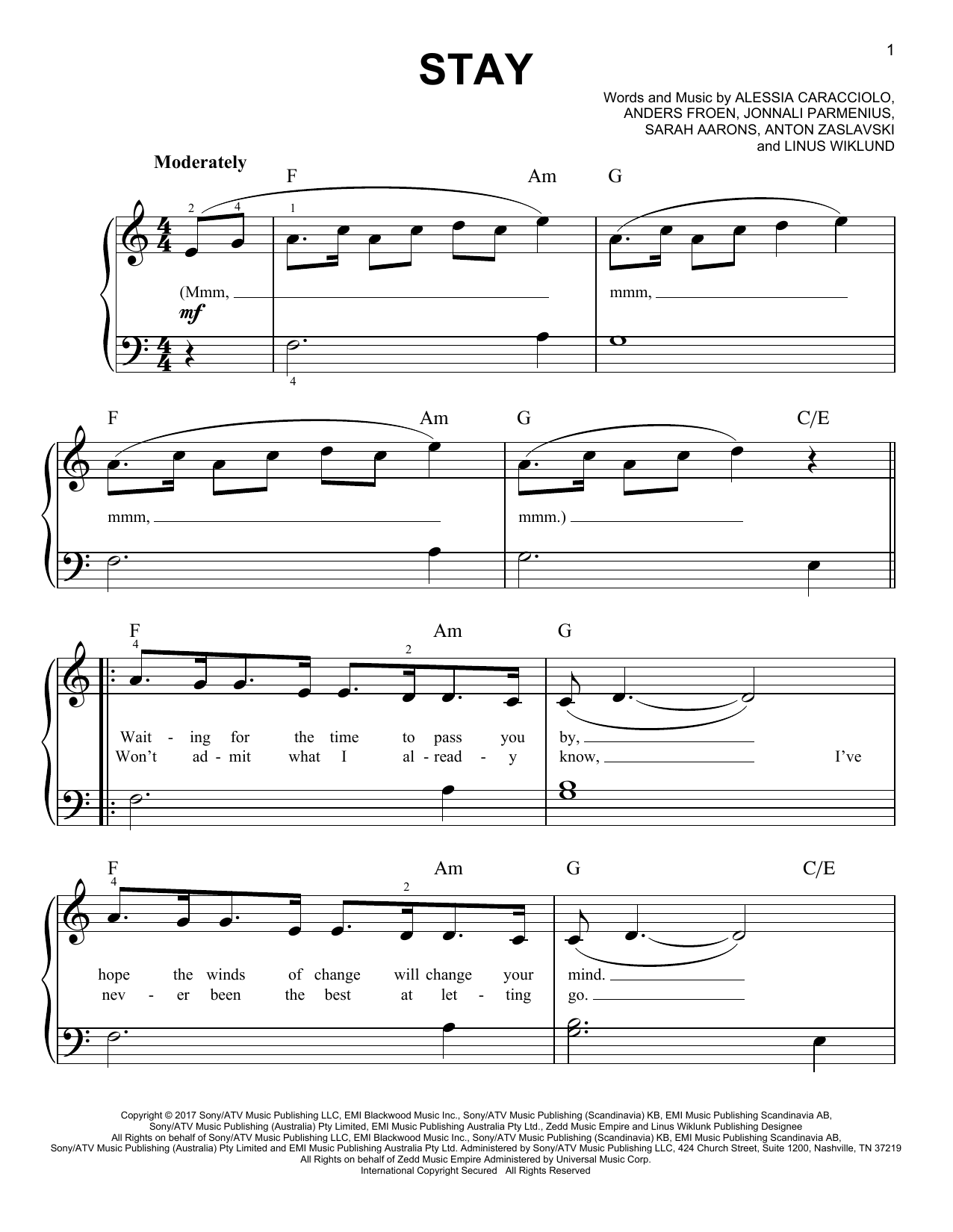 Preview Alessia Cara feat. Zedd Stay Rock sheet music, notes and chords for Piano (Big Notes), SKU: 194627 Stay sheet music