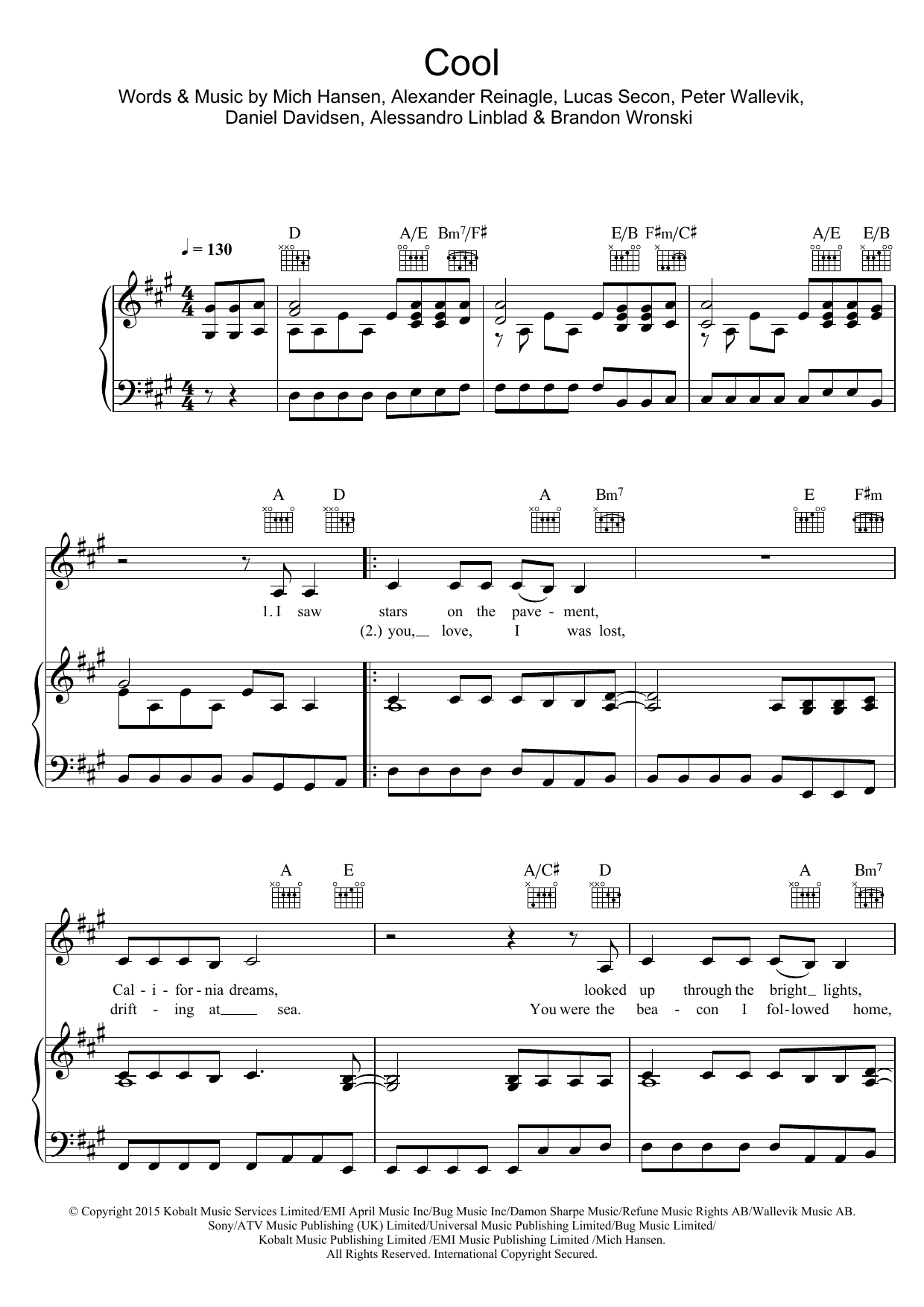 Alesso Cool (feat. Roy English) Sheet Music Notes & Chords for Piano, Vocal & Guitar - Download or Print PDF