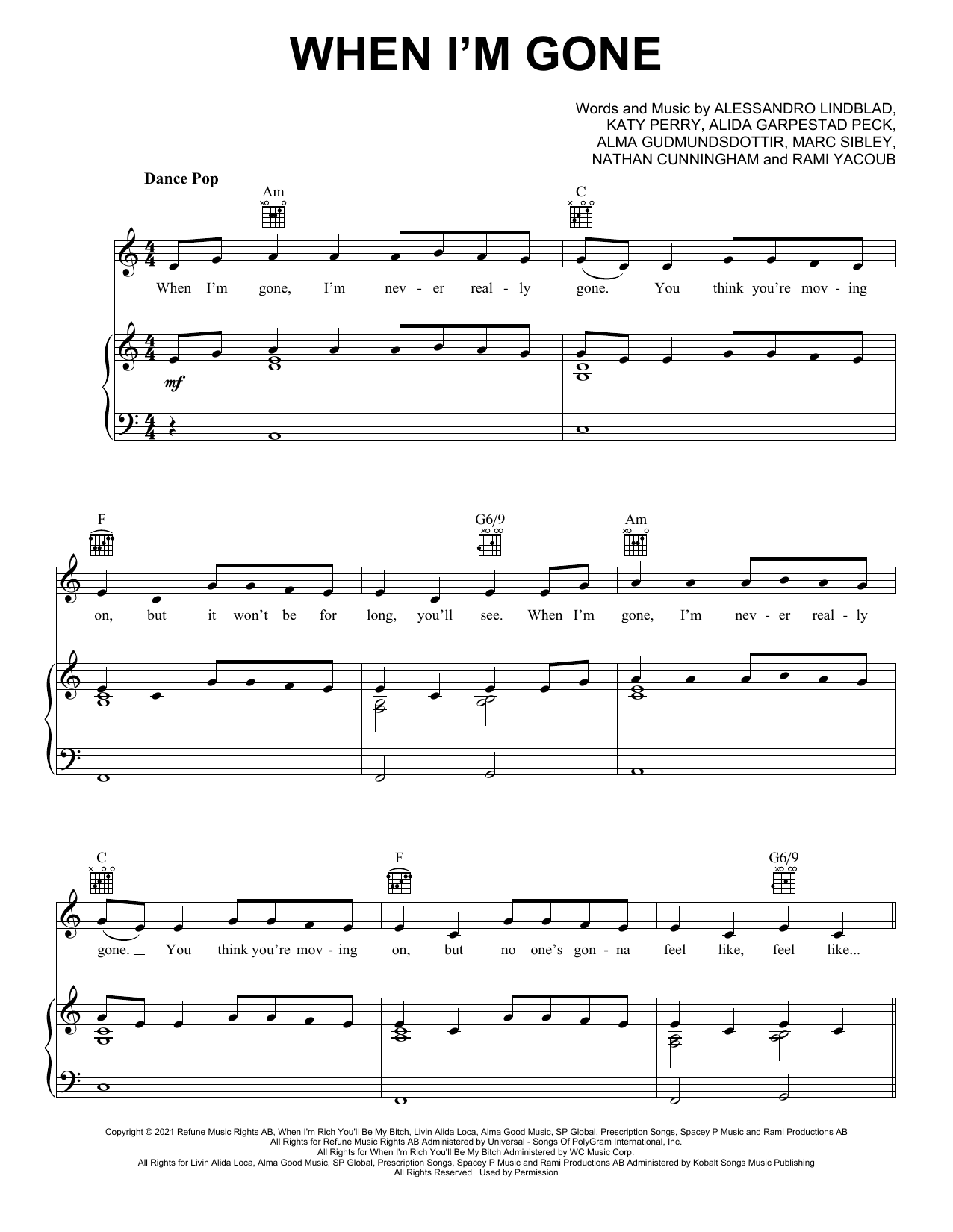 Alesso feat. Katy Perry When I'm Gone Sheet Music Notes & Chords for Piano, Vocal & Guitar Chords (Right-Hand Melody) - Download or Print PDF