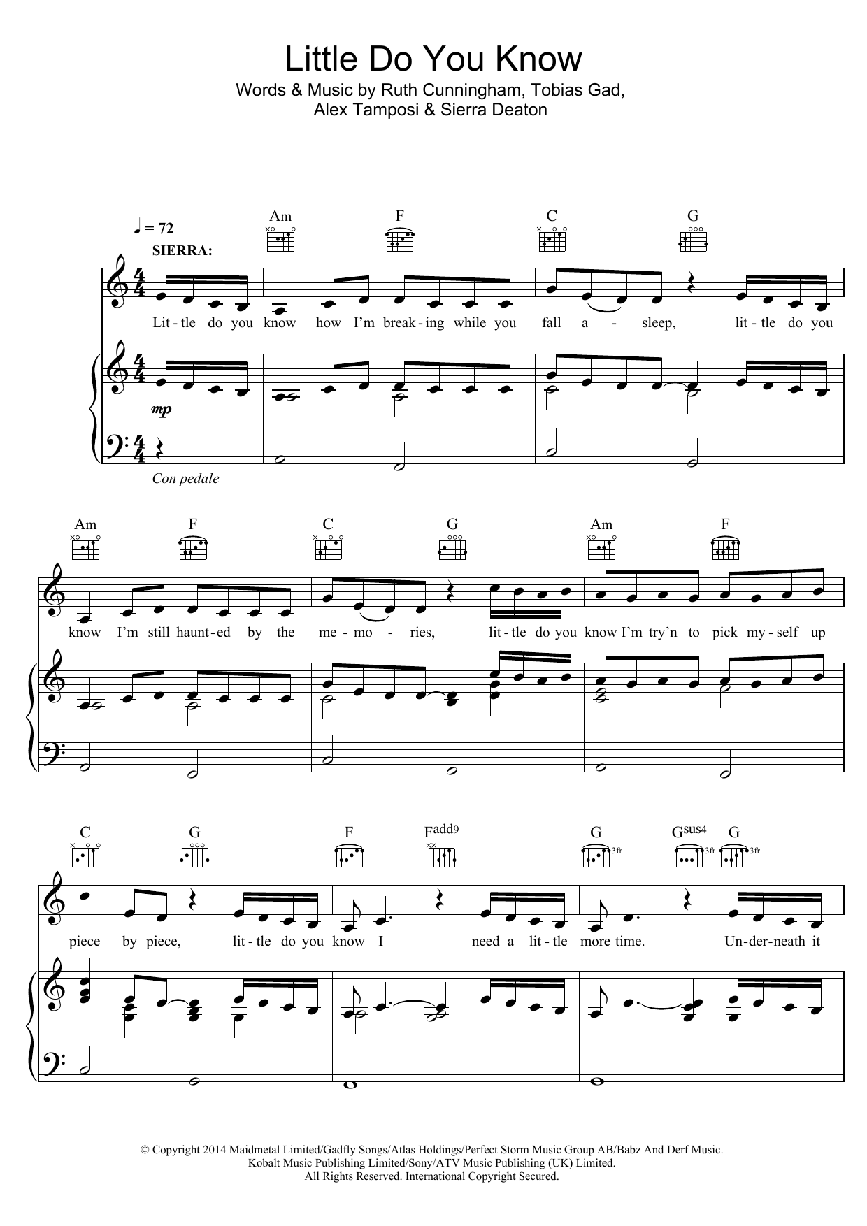 Alex & Sierra Little Do You Know Sheet Music Notes & Chords for Piano, Vocal & Guitar (Right-Hand Melody) - Download or Print PDF