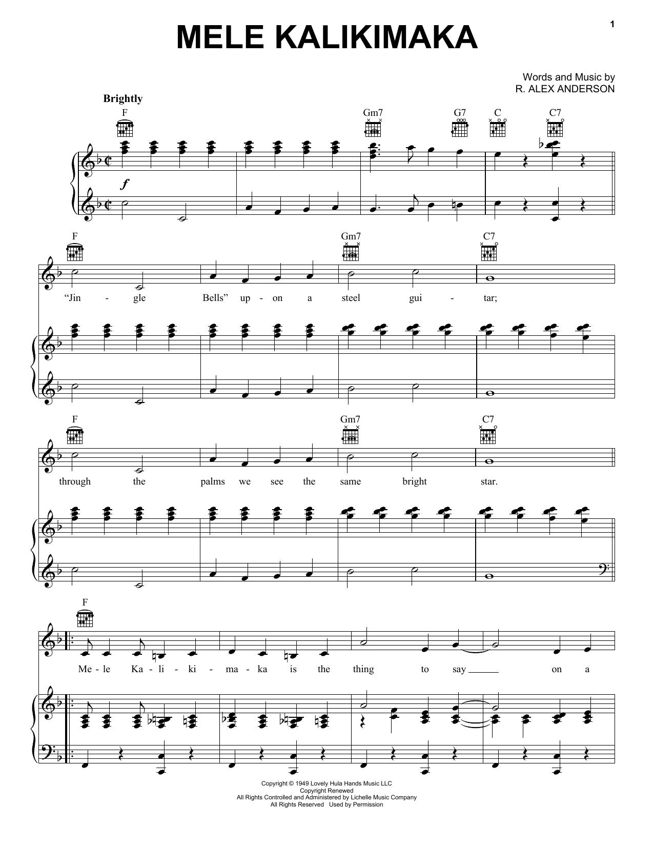 Alex Anderson Mele Kalikimaka Sheet Music Notes & Chords for Piano, Vocal & Guitar (Right-Hand Melody) - Download or Print PDF