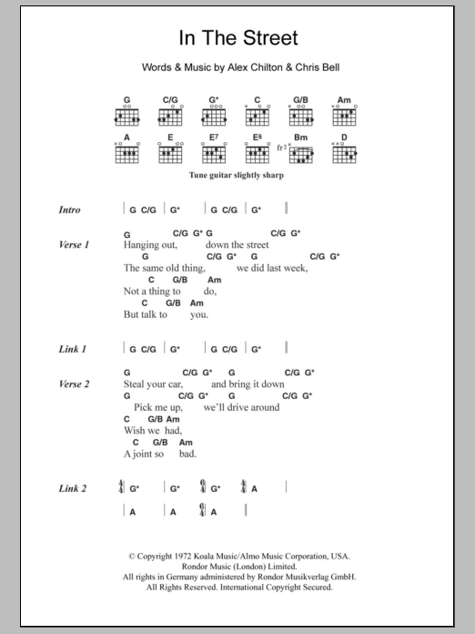 Alex Chilton In The Street Sheet Music Notes & Chords for Guitar Chords/Lyrics - Download or Print PDF