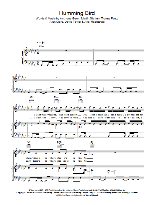 Alex Clare Humming Bird Sheet Music Notes & Chords for Piano, Vocal & Guitar (Right-Hand Melody) - Download or Print PDF