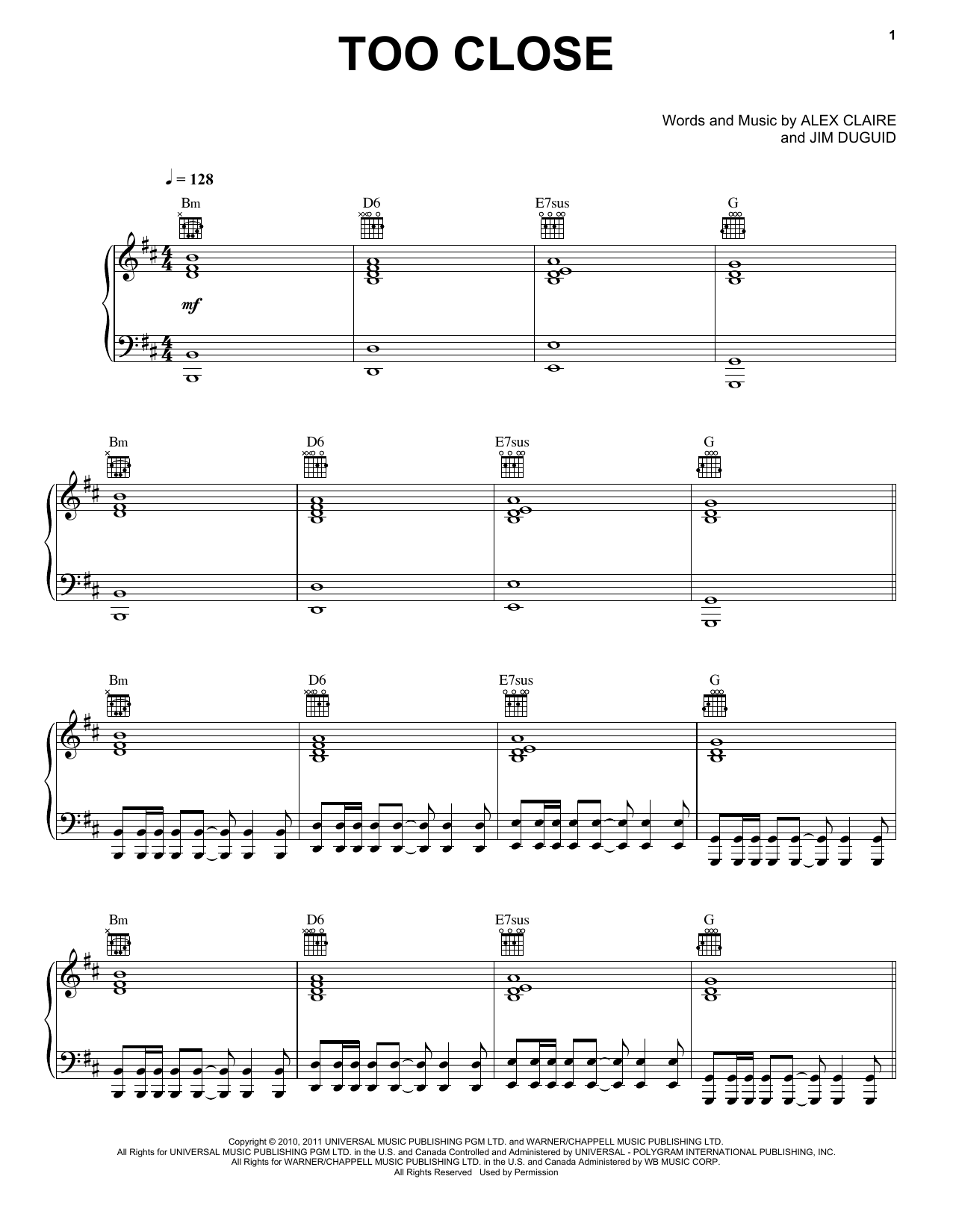 Alex Clare Too Close Sheet Music Notes & Chords for Piano, Vocal & Guitar (Right-Hand Melody) - Download or Print PDF