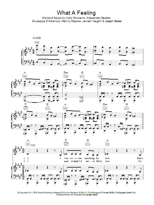 Alex Gaudino featuring Kelly Rowland What A Feeling Sheet Music Notes & Chords for Piano, Vocal & Guitar (Right-Hand Melody) - Download or Print PDF