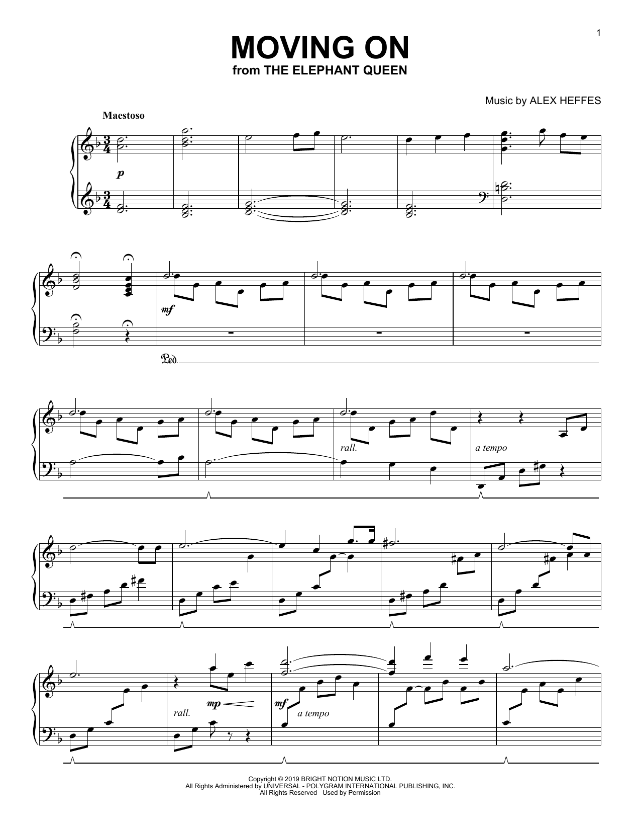 Alex Heffes Moving On (from The Elephant Queen) Sheet Music Notes & Chords for Piano Solo - Download or Print PDF
