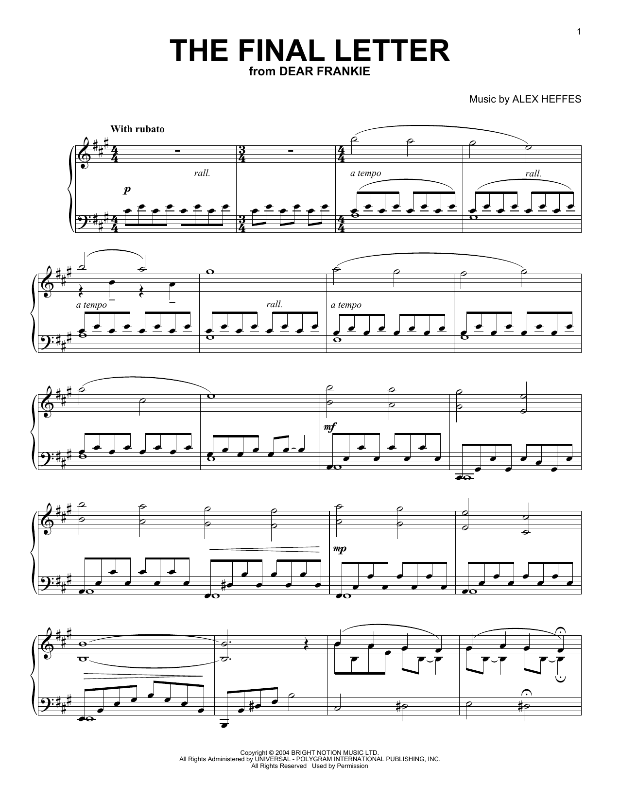 Alex Heffes The Final Letter (from Dear Frankie) Sheet Music Notes & Chords for Piano Solo - Download or Print PDF