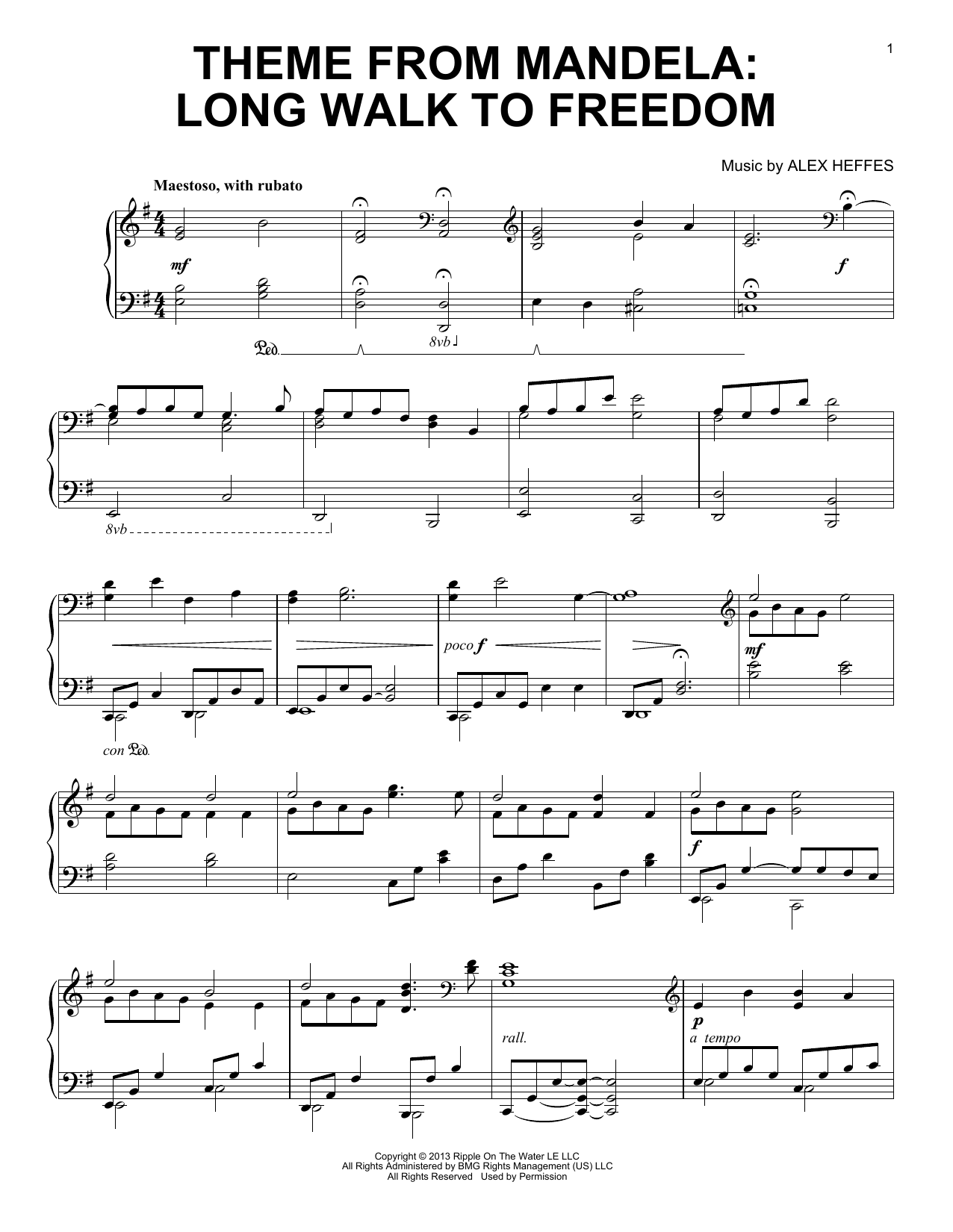 Alex Heffes Theme from Mandela: Long Walk To Freedom Sheet Music Notes & Chords for Piano Solo - Download or Print PDF