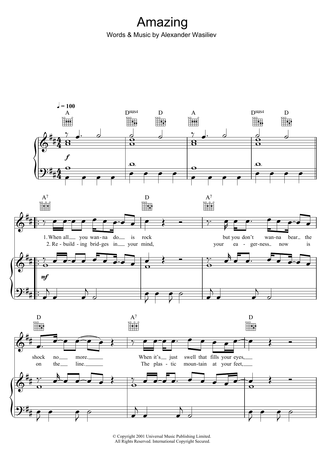 Alex Lloyd Amazing Sheet Music Notes & Chords for Piano, Vocal & Guitar (Right-Hand Melody) - Download or Print PDF