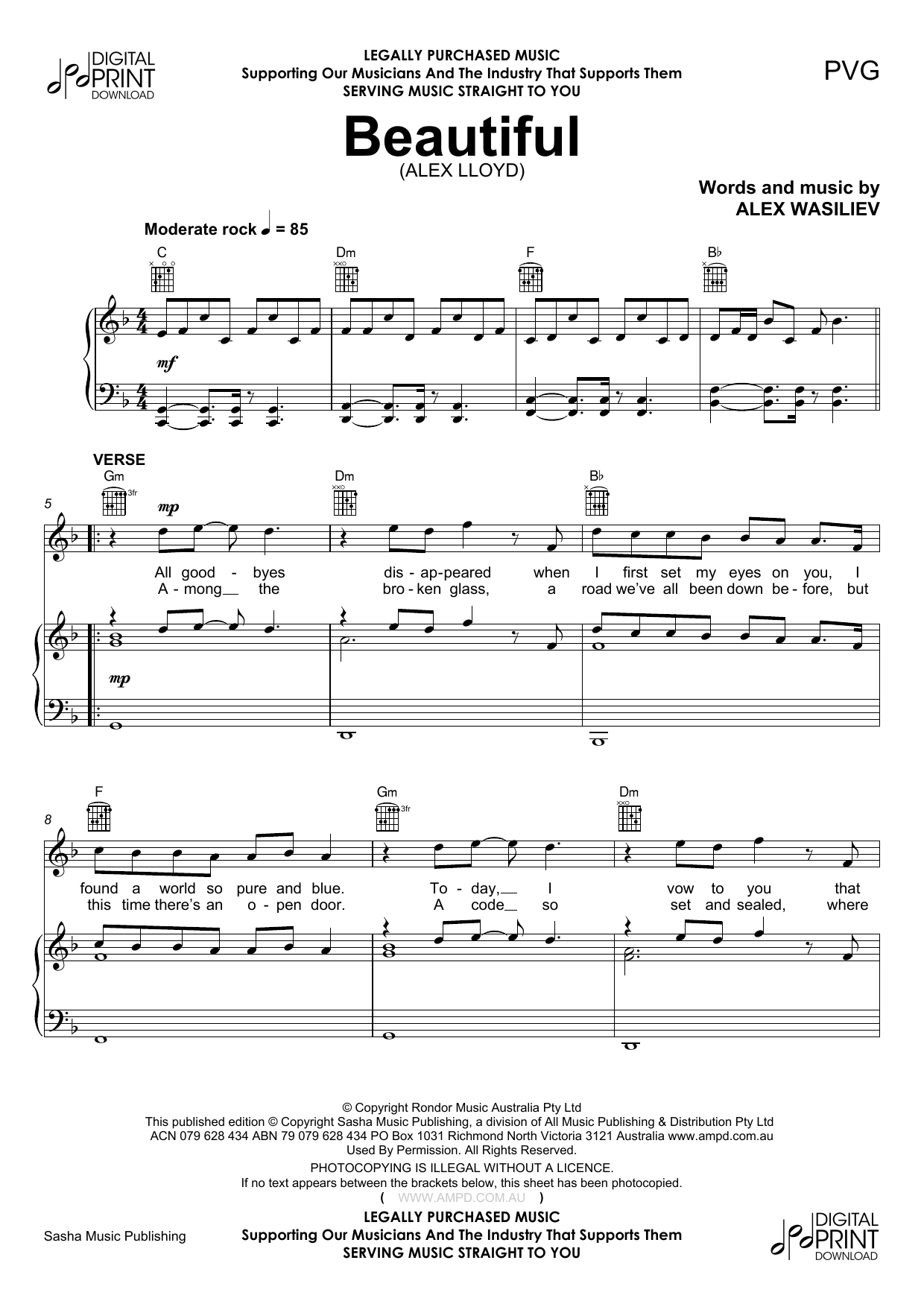 Alex Lloyd Beautiful Sheet Music Notes & Chords for Piano, Vocal & Guitar (Right-Hand Melody) - Download or Print PDF