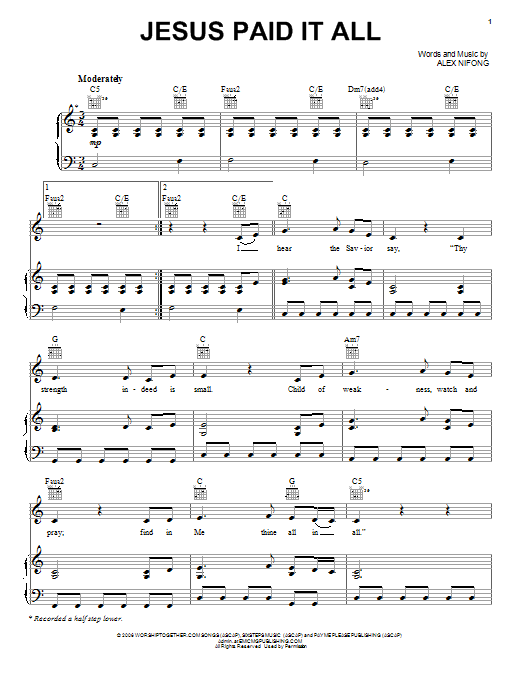 Alex Nifong Jesus Paid It All Sheet Music Notes & Chords for Melody Line, Lyrics & Chords - Download or Print PDF