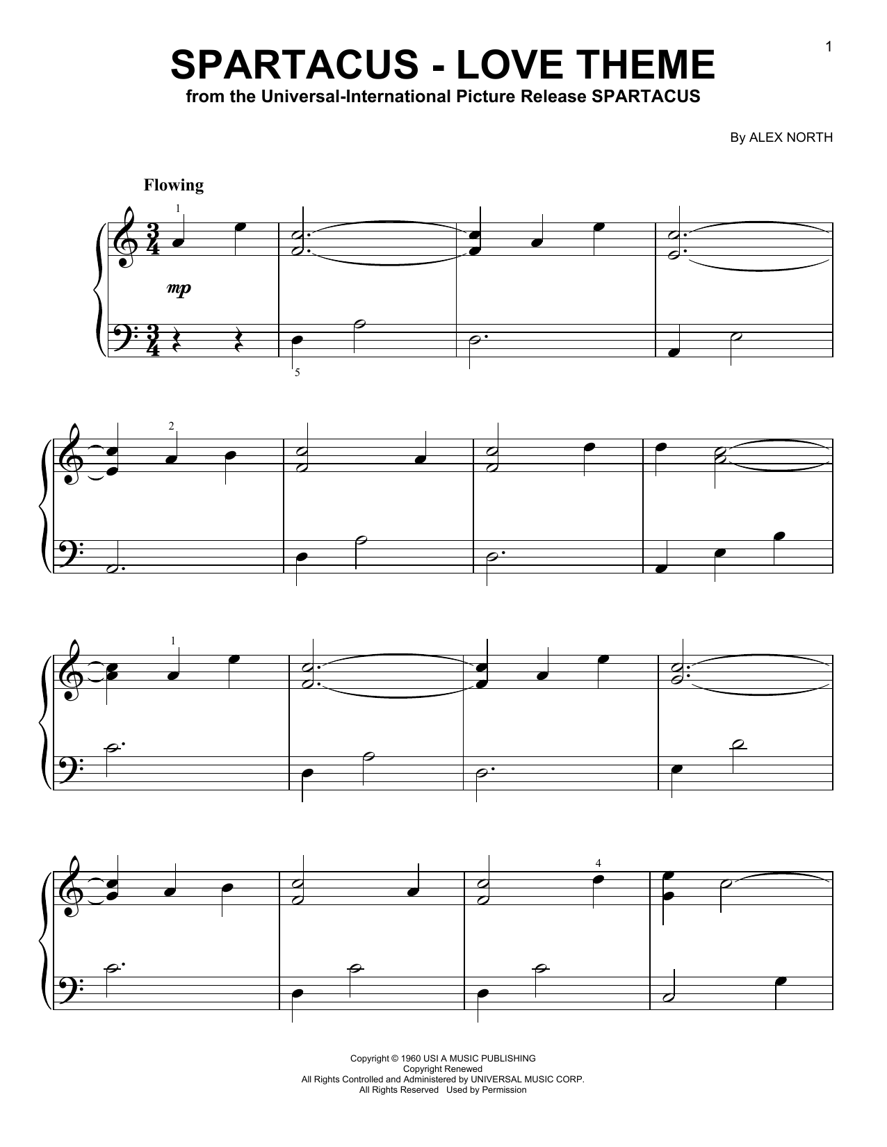 Alex North Spartacus - Love Theme (from Spartacus) Sheet Music Notes & Chords for Very Easy Piano - Download or Print PDF