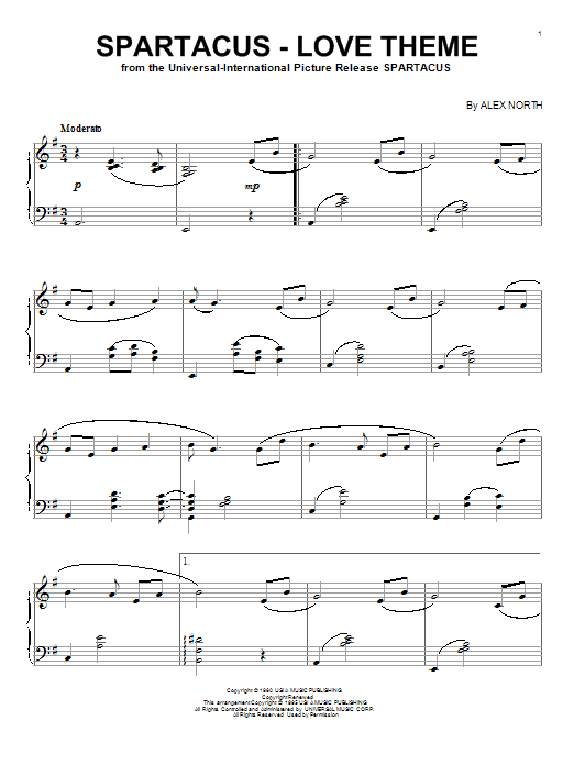 Alex North Spartacus - Love Theme Sheet Music Notes & Chords for Piano - Download or Print PDF