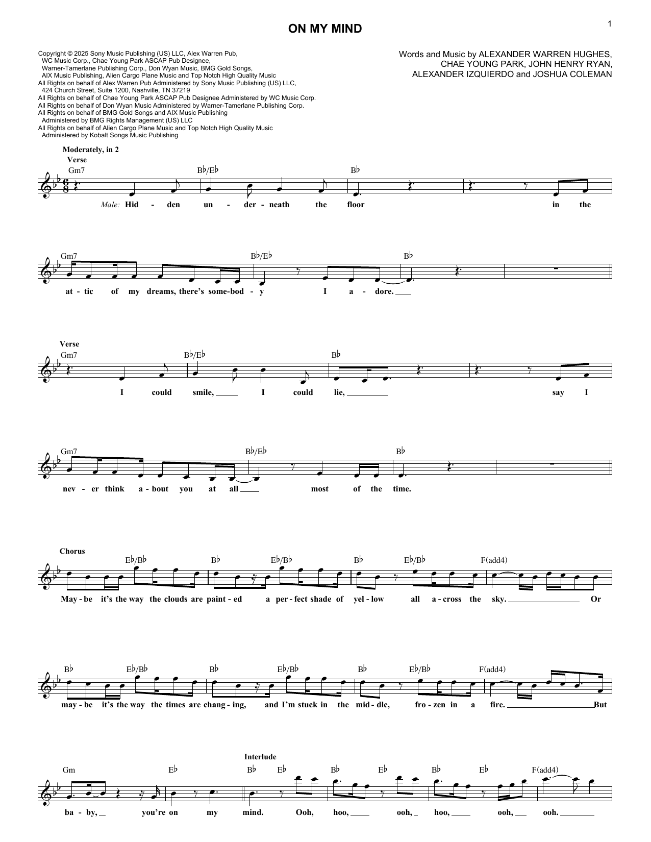 Alex Warren and ROSÉ On My Mind Sheet Music Notes & Chords for Lead Sheet / Fake Book - Download or Print PDF